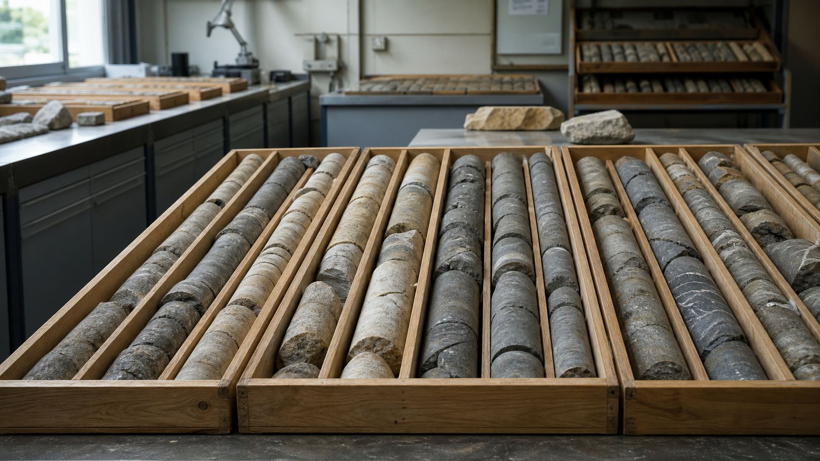 Rdzenie wiertnicze w laboratorium geologicznym